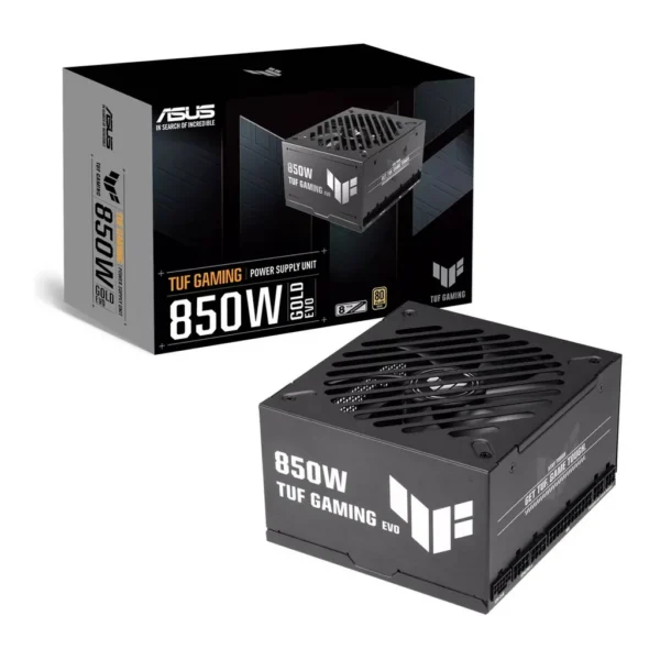 ASUS TUF Gaming 850W Gold EVO Full Modular Power Supply, ATX 3.1 Compatible, 80 PLUS Gold, Active PFC, Dual-Ball Fan Bearings, Protective PCB Coating, Black | 90YE00SA-B0NA00 – Main image ASUS TUF Gaming 850W Gold EVO Full Modular Power Supply, ATX 3.1 Compatible, 80 PLUS Gold, Active PFC, Dual-Ball Fan Bearings, Protective PCB Coating, Black | 90YE00SA-B0NA00 – Main image
