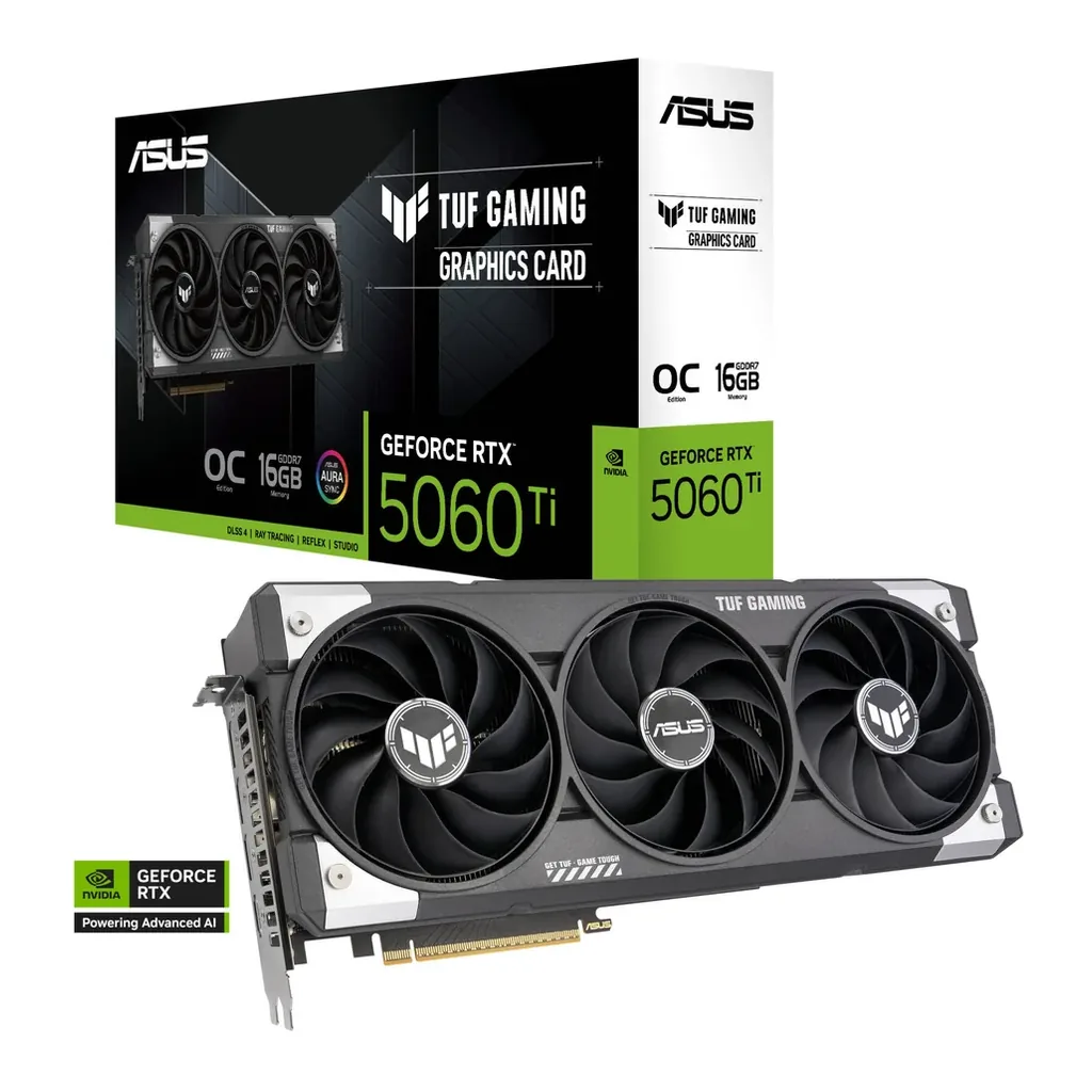ASUS TUF Gaming GeForce RTX 5060 Ti 16GB GDDR7 OC Edition, 16GB GDDR7 128-Bit Memory, 2662 MHz Boost Clock, 28 Gbps Memory Speed, 4608 CUDA Cores, PCI Express 5.0 | 90YV0MG0-M0NA00 – Main image ASUS TUF Gaming GeForce RTX 5060 Ti 16GB GDDR7 OC Edition, 16GB GDDR7 128-Bit Memory, 2662 MHz Boost Clock, 28 Gbps Memory Speed, 4608 CUDA Cores, PCI Express 5.0 | 90YV0MG0-M0NA00 – Main image