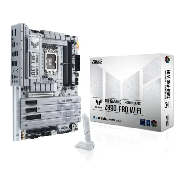 ASUS TUF Gaming Z890-Pro Wi-Fi LGA 1851 ATX Motherboard, Intel Z890 Chipset, 4x DDR5 DIMM Slots, Up to 192GB Max Memory, Wi-Fi 7 & BT 5.4, 1x PCIe 5.0 x16 Slot, 4x M.2 Slots, White | 90MB1IR0-M0EAY0 – Main image ASUS TUF Gaming Z890-Pro Wi-Fi LGA 1851 ATX Motherboard, Intel Z890 Chipset, 4x DDR5 DIMM Slots, Up to 192GB Max Memory, Wi-Fi 7 & BT 5.4, 1x PCIe 5.0 x16 Slot, 4x M.2 Slots, White | 90MB1IR0-M0EAY0 – Main image
