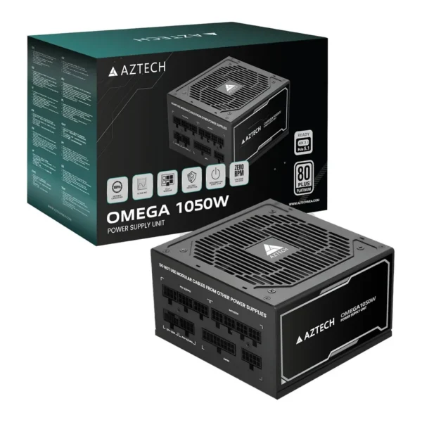Aztech OMEGA Fully Modular Power Supply, 1050W, 80 Plus Platinum Certified, ATX 3.1 Compatible, PCIe 5.1 Ready, 120mm Ultra Quiet Hybrid Fan, Japanese 105°C Capacitors, Black | AZT-O1050M80P – Main image Aztech OMEGA Fully Modular Power Supply, 1050W, 80 Plus Platinum Certified, ATX 3.1 Compatible, PCIe 5.1 Ready, 120mm Ultra Quiet Hybrid Fan, Japanese 105°C Capacitors, Black | AZT-O1050M80P – Main image