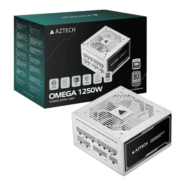 Aztech OMEGA Fully Modular Power Supply, 1250W, 80 Plus Platinum Certified, ATX 3.1 Compatible, PCIe 5.1 Ready, 120mm Ultra Quiet Hybrid Fan, Japanese 105°C Capacitors, White | AZT-O1250M80P-WHT – Main image Aztech OMEGA Fully Modular Power Supply, 1250W, 80 Plus Platinum Certified, ATX 3.1 Compatible, PCIe 5.1 Ready, 120mm Ultra Quiet Hybrid Fan, Japanese 105°C Capacitors, White | AZT-O1250M80P-WHT – Main image