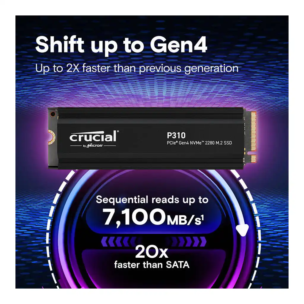 b0a61bb1307024dbb2dc7d9514044e11-hi.jpg Crucial P310 Internal SSD with Heatsink, 4TB Storage Capacity, M.2 2280 Form Factor, PCIe 4.0 Interface, Up to 7100 MB/s Sequential Read & 6000 MB/s Sequential Write Speed, Black | CT4000P310SSD5