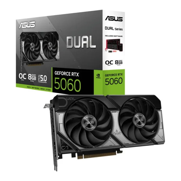 b5b2caeb989e1f8d7fd401cc29f082a9-hi.jpg ASUS Dual GeForce RTX 5060 OC Edition Graphics Card, DUAL-RTX5060-O8G, 8GB GDDR7 128-Bit Memory, 2565 MHz Boost Clock, 28 Gbps Memory Speed, 3840 CUDA Cores, PCI Express 5.0
