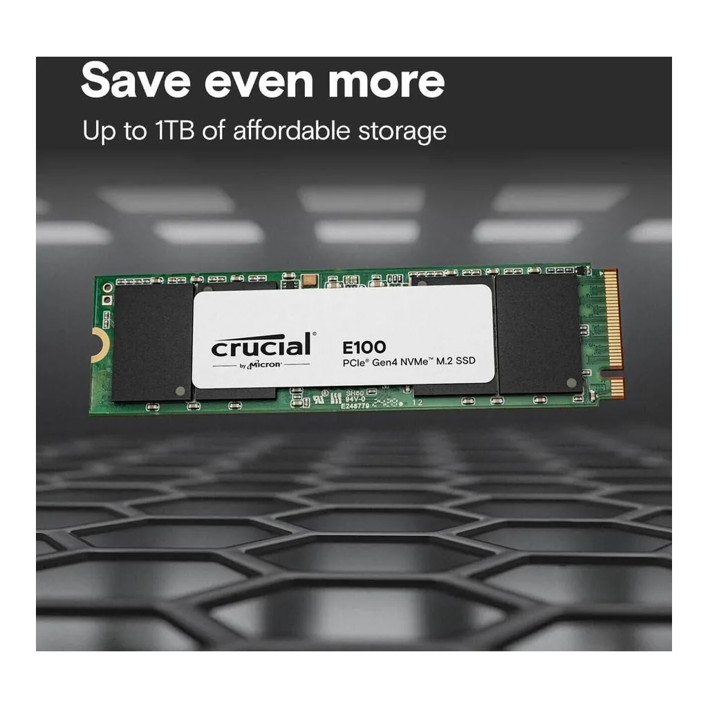 ba1d16ffcdbfd00632d0c84b2cc28990-hi.jpg Crucial Gen4 E100 Internal SSD, 2TB Storage Capacity, M.2 Form Factor, 3D NAND Technology, Up To 5000MB/s Read Speed & Up To 4500MB/s Write Speed | CT2000E100SSD8