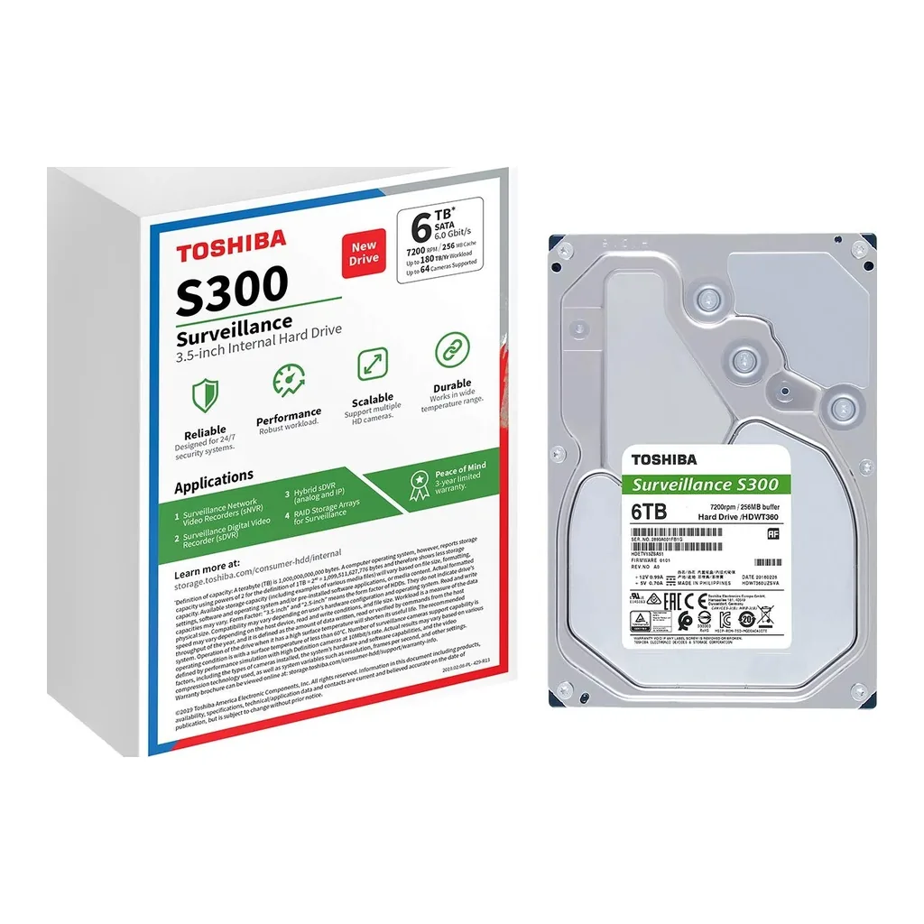 bc4cdd794b3f5f82631d51b3d58d80f7-hi.jpg TOSHIBA S300 3.5" 6TB Surveillance SATA 6.0 Gbit/s Internal Hard Drive, 184MB/s Typ Data Transfer Speed, 5400 RPM Speed, 24/7 Operation, Supports 64 Cameras, 180TB/Year Workload | HDWT860UZSVA