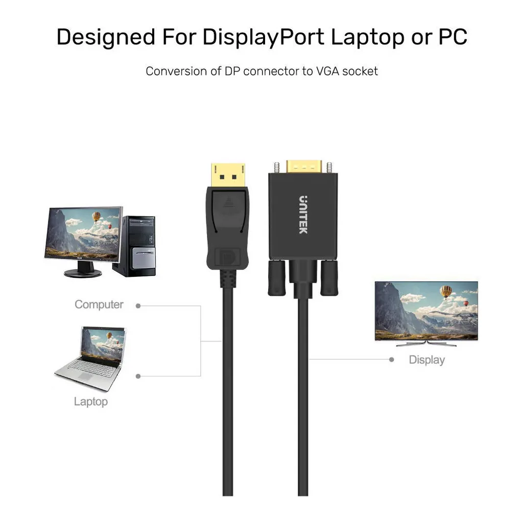 be9b3043357d3c93759516e7ee7a86c9-hi.jpg Unitek DisplayPort to VGA Cable, Up to 1920x1200 Resolution, Strain Relief, No Software Required, 1.8 Meter Cable Length, Black | Y-5118F