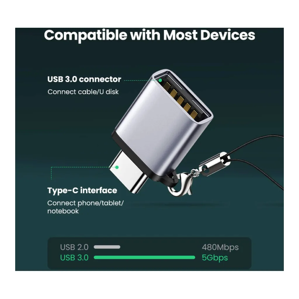 bedb48d7b2abc5392e0064ef85a2933d-hi.jpg UGREEN Type-C to USB 3.0 A Adapter Cable with Lanyard, 5Gbps OTG High-Speed Data Transfer Aluminum Shell Compact Converter for Laptop and Phone, Space Grey | 50283