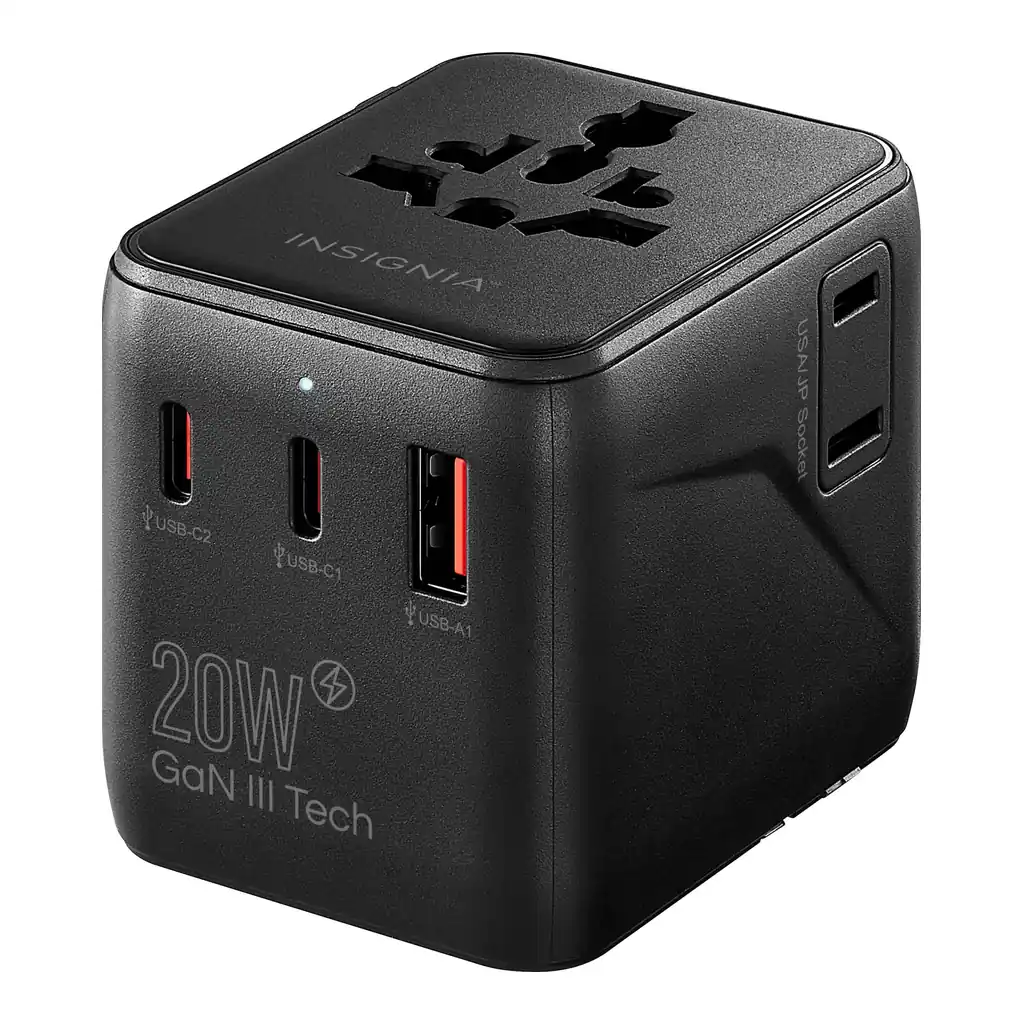 bef88d0a-3d9d-43f2-879c-d60d2f9debf8.jpg Insignia™ - 20W Travel Adapter with 2 AC Outlets, 2 USB-C Ports & 1 USB Port - Black