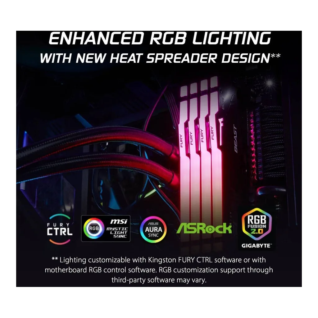 Kingston Fury Beast RGB 64GB (2x 32GB) DDR5 Dual Desktop Memory Kit, 6000 MHz Memory Speed, CL36 CAS Latency, 288-Pin Kit, Intel XMP & AMD EXPO Ready, Black | KF560C36BBE2AK2-64 - Image 2 Kingston Fury Beast RGB 64GB (2x 32GB) DDR5 Dual Desktop Memory Kit, 6000 MHz Memory Speed, CL36 CAS Latency, 288-Pin Kit, Intel XMP & AMD EXPO Ready, Black | KF560C36BBE2AK2-64 - Image 2