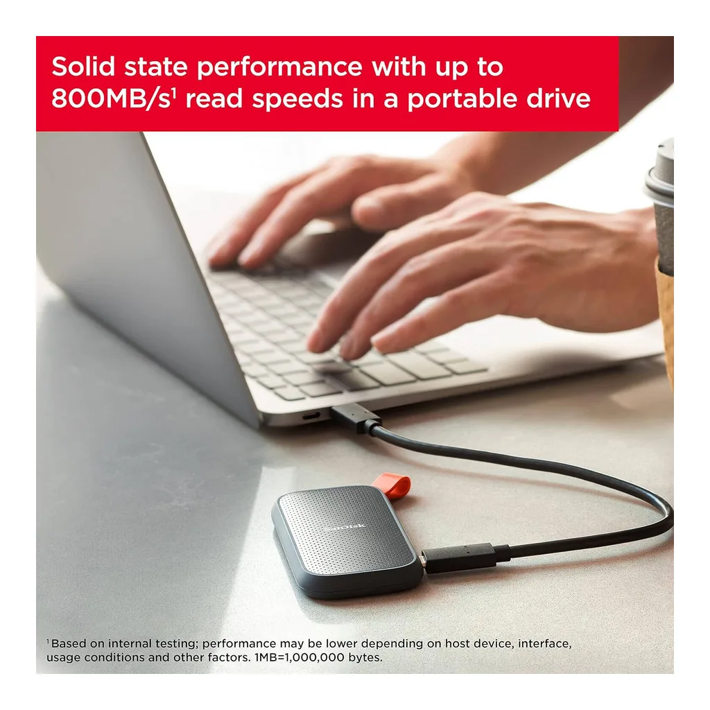 bf8b030dd5f68cefcfbf0e3141bbfdb4-hi.jpg SanDisk Portable SSD, 2TB Capacity, USB-C 3.2 Gen 2 Interface, Up to 800 MB/s Transfer Speed, Integrated Rubber Hook, Drop Resistant Up to 2 Meter, Black Orange | SDSSDE30-2T00-G26
