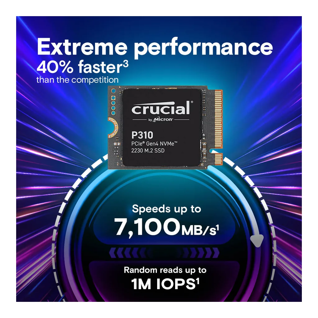 c15e279f825f4fbfdcca3de77f1384de-hi.jpg Crucial P310 2TB PCIe Gen4 NVMe 2230 M.2 Internal SSD, Up to 6000 Mb/s Sequential Write & 7100 Mb/s Sequential Read, 440 TBW SSD Endurance, Black | CT2000P310SSD2