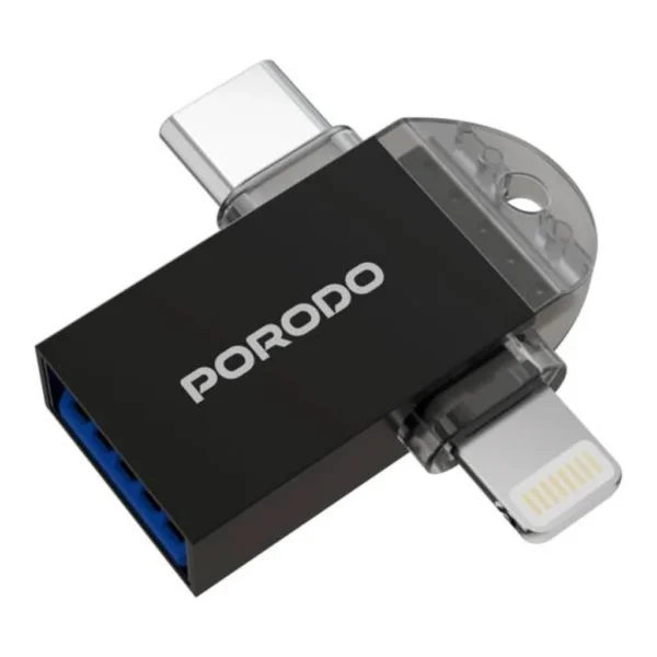 c284750b1bbd742365689784e7ddd2fb-md.jpg Porodo 3-in-1 OTG Adapter, USB 3.0 (5Gbps)/ Lightning head Connector(480Mbps) Transfer Speed, Fast Data Transfer, Universal Compatibility, Plug & Play, Black | PD-ETK08-BK
