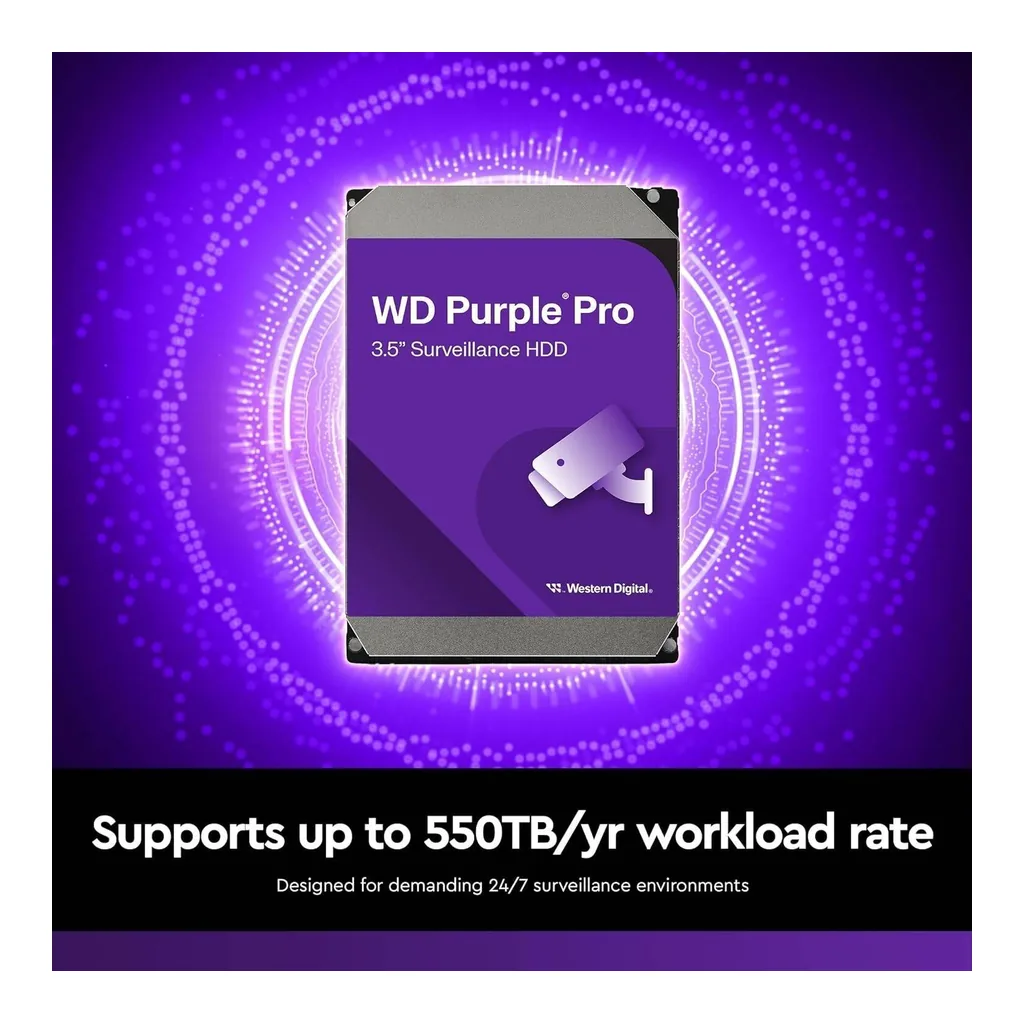 c28e571b3673a0280835d5f90919d1ef-hi.jpg Western Digital Purple Pro Smart Video Internal Hard Drive, 18TB, 3.5" SATA, 7200 RPM, 512MB Cache, 272MB/s Transfer Rate, CMR, AllFrame AI, 550TB/Yr Workload | WD181PURP