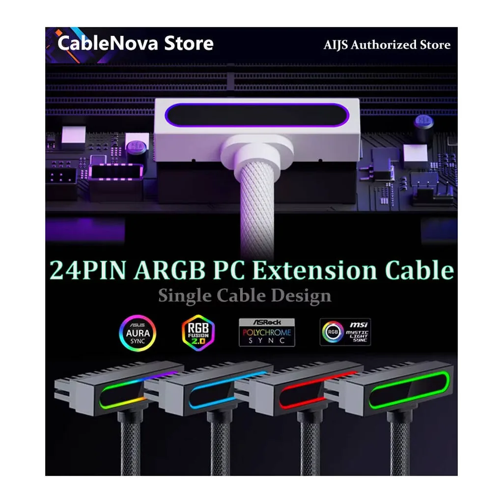 AIJS ATX 24-Pin Motherboard Power Extension Cable with ARGB SYNC, White - Image 8 AIJS ATX 24-Pin Motherboard Power Extension Cable with ARGB SYNC, White
