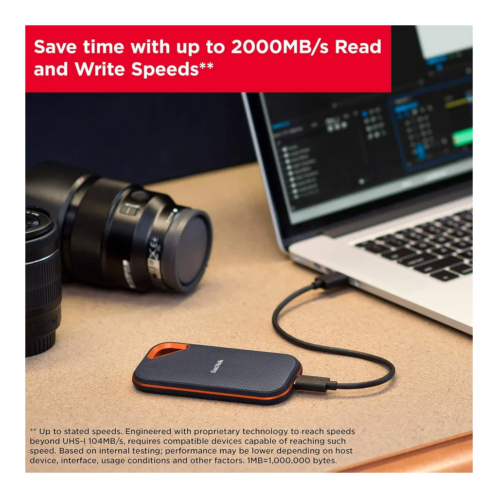 c8ee4891ef1f92d0a3d228271e64392a-hi.jpg SanDisk 2TB Extreme Portable SSD, USB 3.2 Gen 2 x2, Up to 2000MB/s Read & Write Speeds, 256-Bit AES Hardware Encryption, Carabiner Loop, IP65, Black/Orange | SDSSDE81-2T00-G25