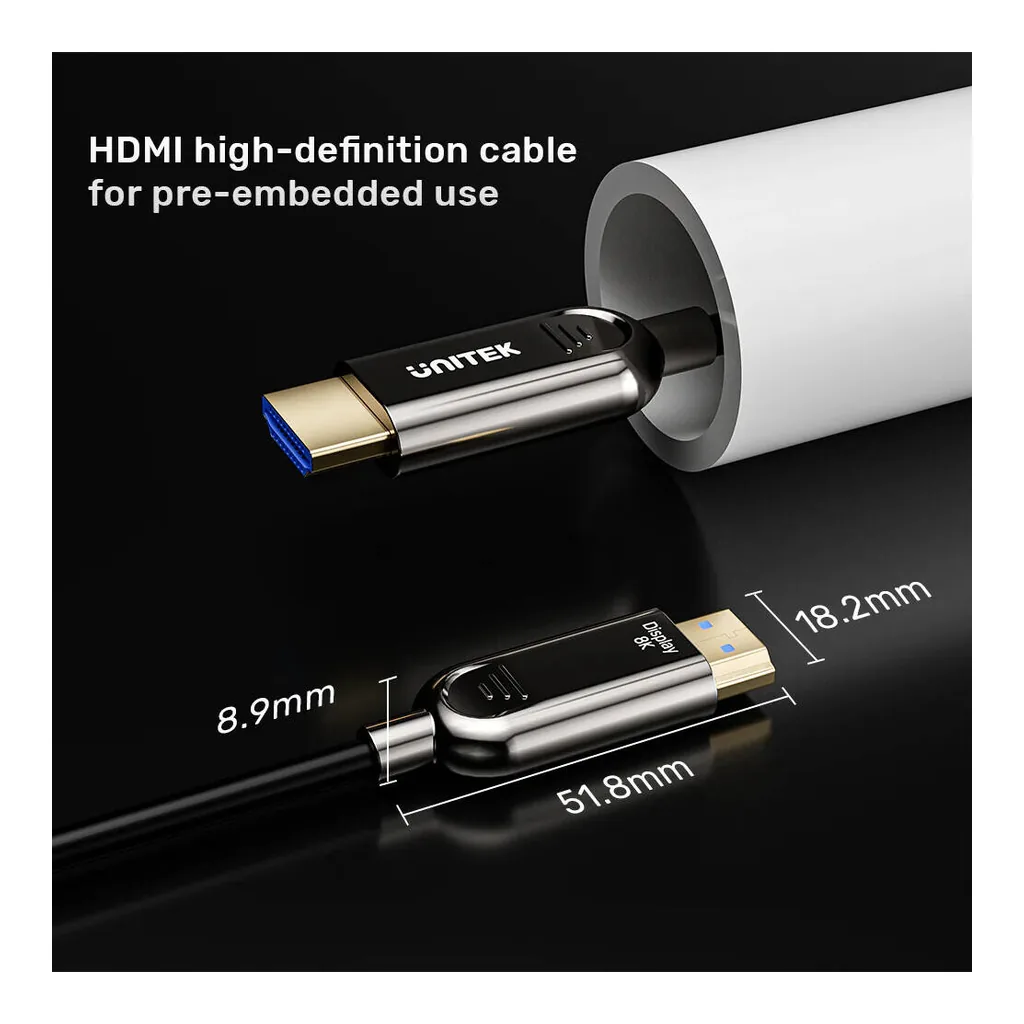 c9e782c768ffe1c90edc2699ce9969dd-hi.jpg Unitek Fiber Optic 8K HDMI Cable, 8K@60Hz Resolution, Up To 48Gbps Bandwidth, 24K Gold-Plated Plug, Dynamic HDR10, eARC, ALLM, 30AWG, Alloy Housing, 100M Cable Length, Black | C11085GY01-100M