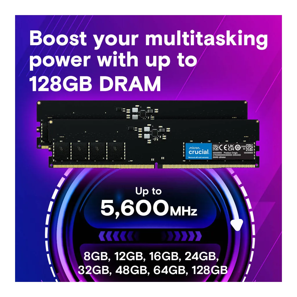 Crucial UDIMM Desktop Memory, 16GB (2x 8GB) Capacity, DDR5-5600 Memory Speed, CL46 CAS Latency, 1.1 Voltage, Black | CT2K8G56C46U5 - Image 3 Crucial UDIMM Desktop Memory, 16GB (2x 8GB) Capacity, DDR5-5600 Memory Speed, CL46 CAS Latency, 1.1 Voltage, Black | CT2K8G56C46U5 - Image 3