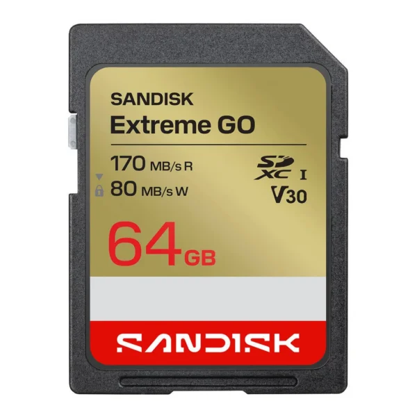 cf3b516e5b3d557f28b7e1f5a8894b43-hi.jpg SanDisk 64GB Extreme GO SD UHS-I Card, Up to 170MB/s Per Second Read Speed, 80MB/s Per Second Write Speed, DSLR Cameras, Mirrorless Cameras, Laptops | SDSDXGN-064G-GNCIN