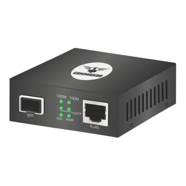 COMMANDO LightningFIBER 1GE Media Converter, SFP, 1GBASE-LR/1GBASE-SR, 1000Mbps Data Transferring Ethernet, Network Distance Up to 100 Km, Plug and Play, Black | MC-1G+1SFP – Main image COMMANDO LightningFIBER 1GE Media Converter, SFP, 1GBASE-LR/1GBASE-SR, 1000Mbps Data Transferring Ethernet, Network Distance Up to 100 Km, Plug and Play, Black | MC-1G+1SFP – Main image