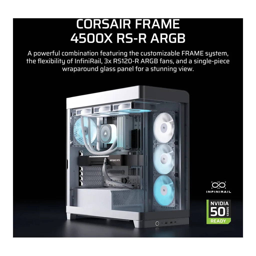 Corsair FRAME 4500X RS-R ARGB Panoramic Glass Mid-Tower PC Case, 3x RS-R aRGB Pre-Installed Fans, Up to 360mm Radiator & 10x 120mm Fans Support, Dust Filtration, White | CC-9011315-WW – Gallery image 1 Corsair FRAME 4500X RS-R ARGB Panoramic Glass Mid-Tower PC Case, 3x RS-R aRGB Pre-Installed Fans, Up to 360mm Radiator & 10x 120mm Fans Support, Dust Filtration, White | CC-9011315-WW – Gallery image 1