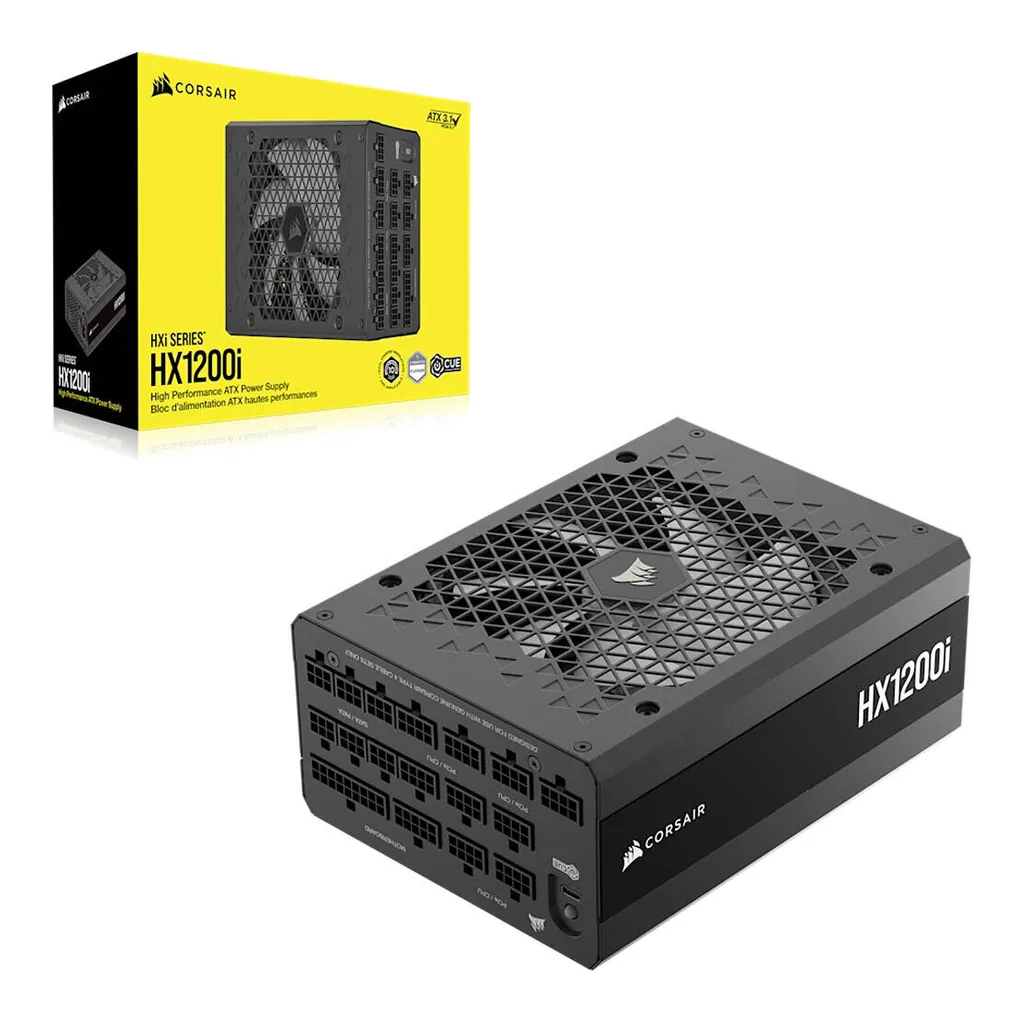 Corsair HX1200i Fully Modular ATX Power Supply, 1200W Power, 80 PLUS Platinum Efficiency, 140mm Fan, FDB Technology, Japanese Electrolytic Capacitors, Zero RPM mode, Black | CP-9020307-UK – Gallery image 1 Corsair HX1200i Fully Modular ATX Power Supply, 1200W Power, 80 PLUS Platinum Efficiency, 140mm Fan, FDB Technology, Japanese Electrolytic Capacitors, Zero RPM mode, Black | CP-9020307-UK – Gallery image 1