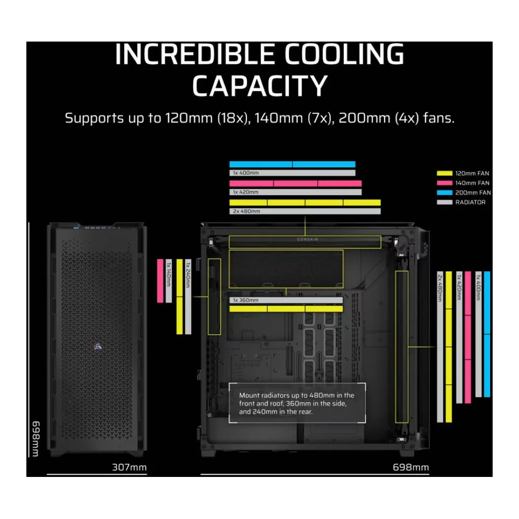 CORSAIR iCUE LINK 9000D RGB AIRFLOW Super Full-Tower PC Case, Up To 18x120mm Fans And 480mm Radiators, High-airflow, 4xUSB 3.2 Type-A, 2xUSB 3.2 Type-C, Audio Out, Black | CC-9011273-WW – Gallery image 7 CORSAIR iCUE LINK 9000D RGB AIRFLOW Super Full-Tower PC Case, Up To 18x120mm Fans And 480mm Radiators, High-airflow, 4xUSB 3.2 Type-A, 2xUSB 3.2 Type-C, Audio Out, Black | CC-9011273-WW – Gallery image 7