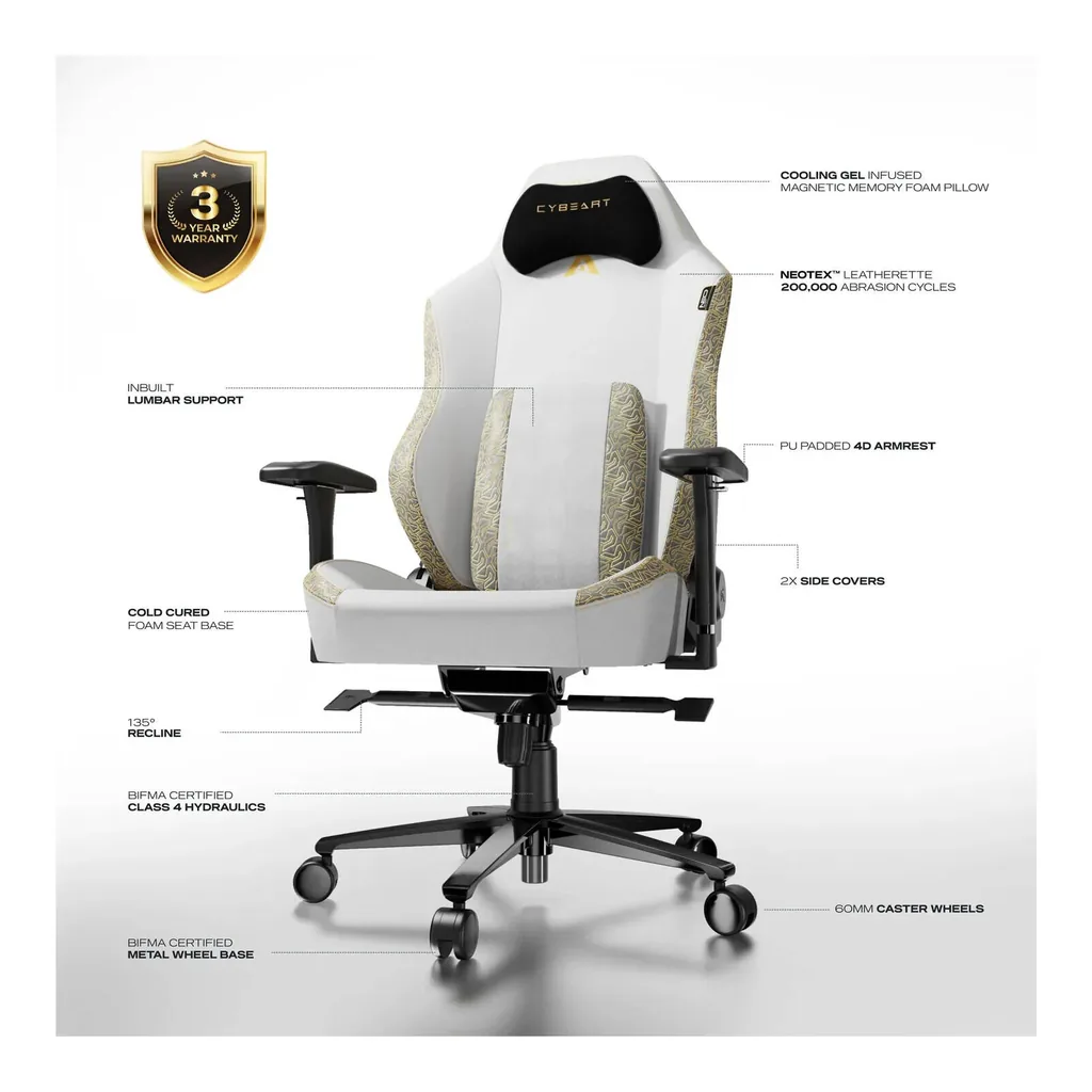 Cybeart NEO Series Lunar Edition Gaming Chair, Supreme PU Leather, Memory Foam Lumbar Pillow, 60mm Caster Wheels, 4D Armrest, Inbuilt Lumbar Arch, 150Kg Max Weight, Lunar – Gallery image 4 Cybeart NEO Series Lunar Edition Gaming Chair, Supreme PU Leather, Memory Foam Lumbar Pillow, 60mm Caster Wheels, 4D Armrest, Inbuilt Lumbar Arch, 150Kg Max Weight, Lunar – Gallery image 4