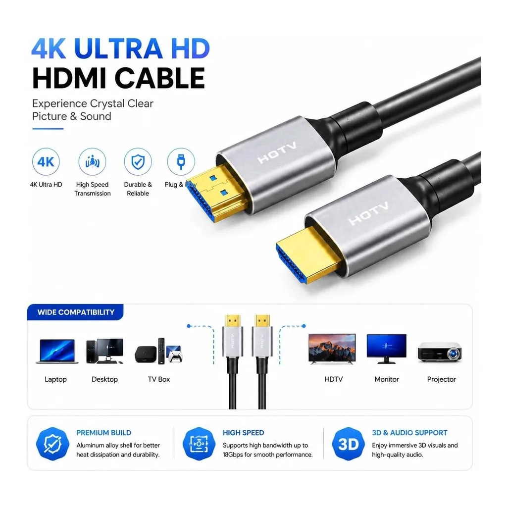 d0c954da49ea40ae34fa3c2e122b1bbd-hi.jpg Taradhin HDMI Cable 2.0 Ultra-Slim 4K Gold Plated Male to Male 2 Metre, 4K60Hz Ultra HD HDR 3D ARC, 18Gbps, PS5 PS4 PS3 Xbox Switch PC Laptop TV Monitor Projector