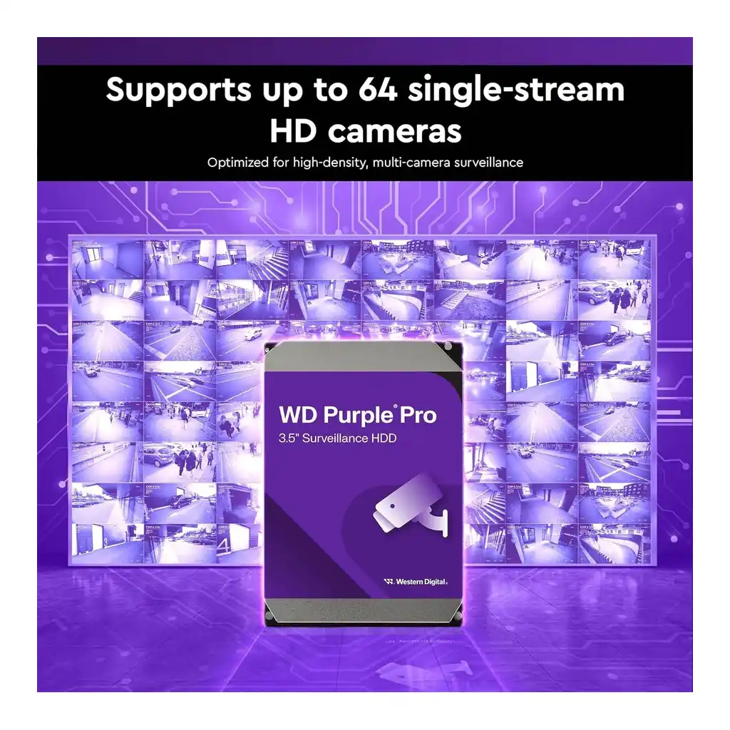 d99f999ff3dce9c2b49d4e1dc8ea9218-hi.jpg Western Digital Purple Pro Smart Video Internal Hard Drive, 24TB, 3.5" SATA, 7200 RPM, 512MB Cache, 287MB/s Transfer Rate, CMR, AllFrame AI, 550TB/Yr Workload | WD241PURP