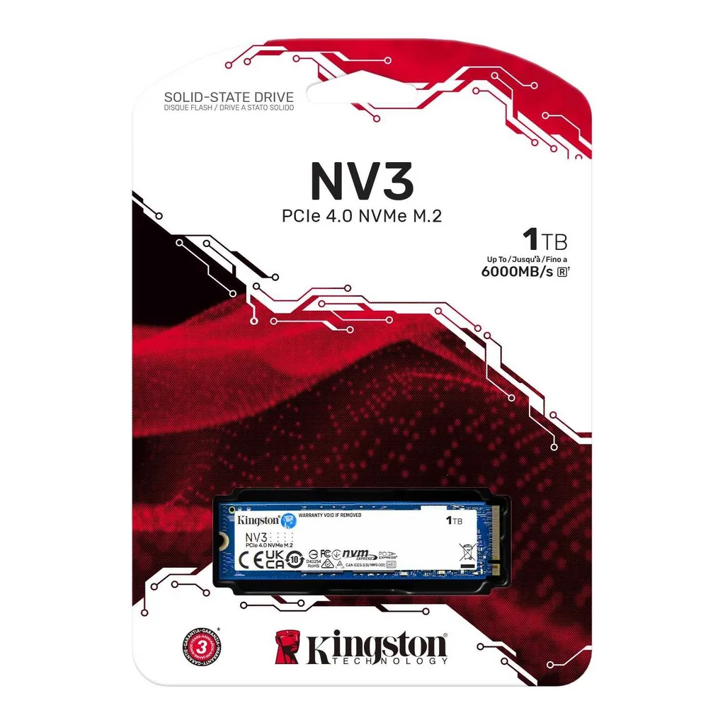 d9a747249595c3cc3db82f27f4d35e30-hi.jpg Kingston NV3 PCIe 4.0 NVMe Internal SSD, 1TB Capacity, M.2 2280 Form Factor, 6000 MB/s Sequential Read & 4000 MB/s Sequential Write Speed, 3D NAND Technology, 320 TBW Endurance | SNV3S/1000G