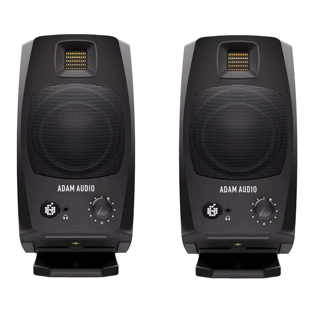 dab676b87829fb7260fdd8083a35839a-hi.jpg ADAM AUDIO D3V Desktop Speakers, 3.5" Basket Diameter Woofer, D-ART Tweeter Type, Dual-Passive Radiator, TRS Analog Connectors, Single-Piece Aluminum Cone Material, Black