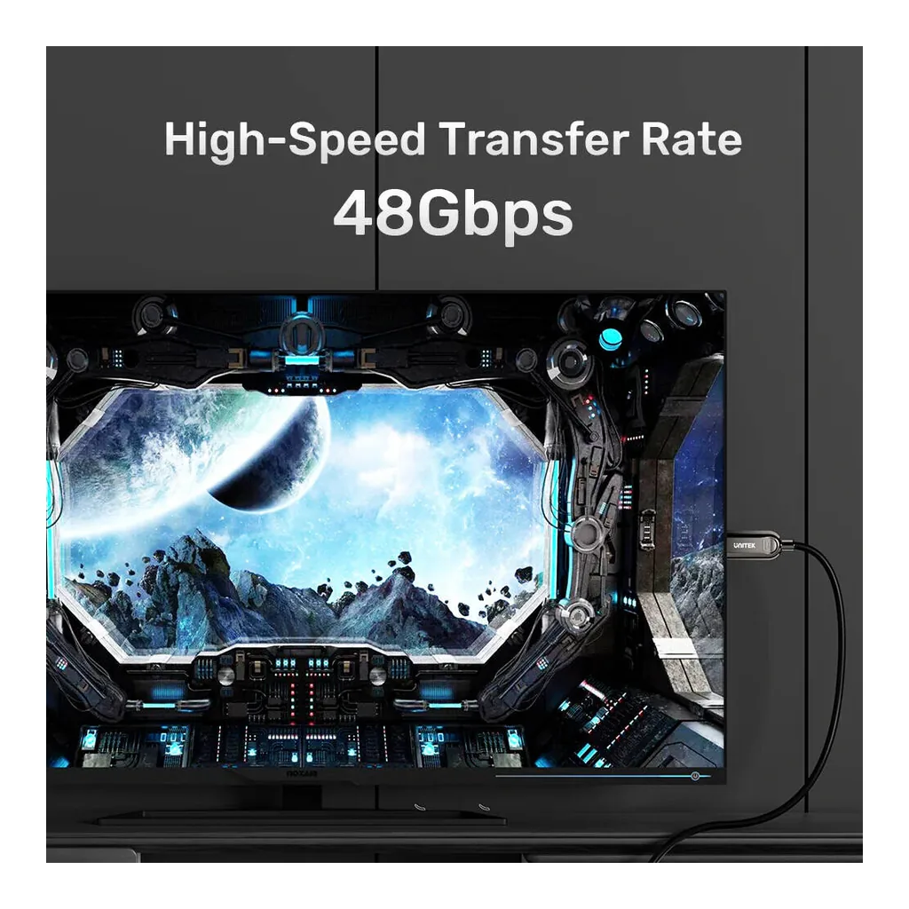 dd44fc5168504195c3b1ba65c5e33bd9-hi.jpg Unitek Fiber Optic 8K HDMI Cable, 8K@60Hz Resolution, Up To 48Gbps Bandwidth, 24K Gold-Plated Plug, Dynamic HDR10, eARC, ALLM, 30AWG, Alloy Housing, 100M Cable Length, Black | C11085GY01-100M
