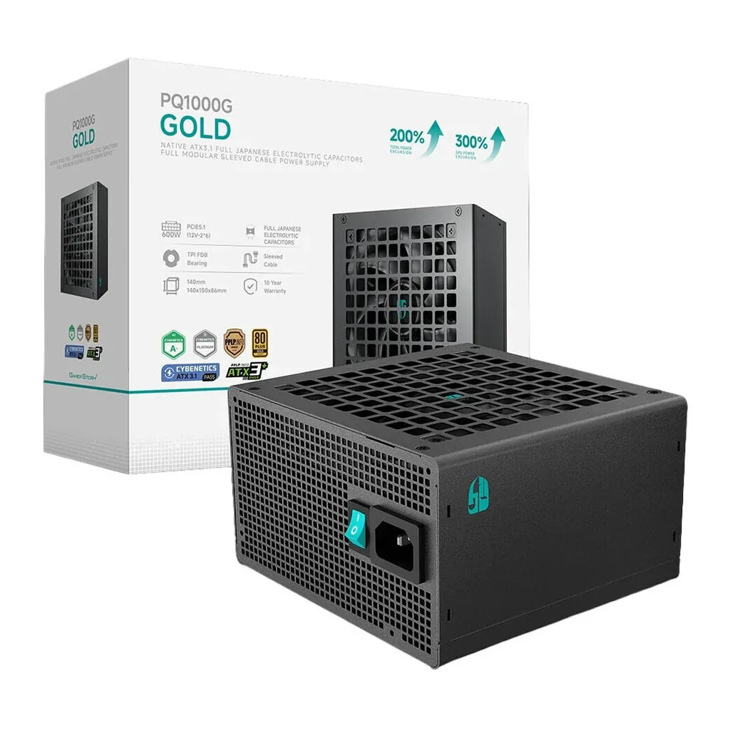 DeepCool PQ1000G Fully Modular Power Supply, 1000W Power, 80 PLUS Gold Efficiency, Fluid Dynamic Bearing Fan, Full Japanese Electrolytic Capacitors, ATX12V V3.1 Type, Black | R-PQA00G-FD1B-JGUK-V1 – Main image DeepCool PQ1000G Fully Modular Power Supply, 1000W Power, 80 PLUS Gold Efficiency, Fluid Dynamic Bearing Fan, Full Japanese Electrolytic Capacitors, ATX12V V3.1 Type, Black | R-PQA00G-FD1B-JGUK-V1 – Main image