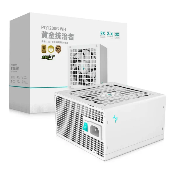 DeepCool PQ1200G Modular Power Supply, 1200W, ATX 12V V3.1, 80 Plus Gold, 12V-2X6 PCIe 5.1, FDB Fan, Japanese Capacitors, Full Protection, White | R-PQC00G-FD1W-JGUK-V1 – Main image DeepCool PQ1200G Modular Power Supply, 1200W, ATX 12V V3.1, 80 Plus Gold, 12V-2X6 PCIe 5.1, FDB Fan, Japanese Capacitors, Full Protection, White | R-PQC00G-FD1W-JGUK-V1 – Main image