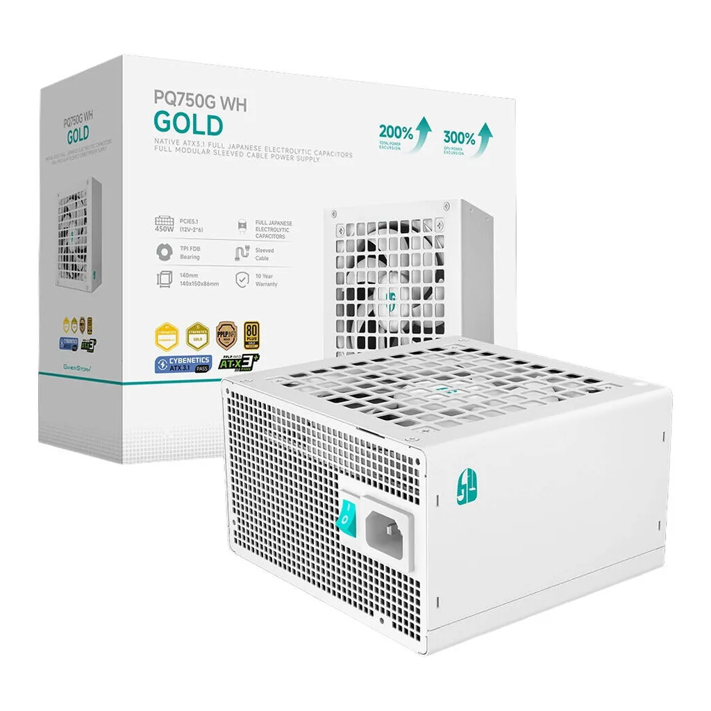 DeepCool PQ750G Fully Modular Power Supply, 750W Power, 80 PLUS Gold Efficiency, Fluid Dynamic Bearing Fan, Full Japanese Electrolytic Capacitors, ATX12V V3.1 Type, White | R-PQ750G-FD1W-JGUK-V1 – Main image DeepCool PQ750G Fully Modular Power Supply, 750W Power, 80 PLUS Gold Efficiency, Fluid Dynamic Bearing Fan, Full Japanese Electrolytic Capacitors, ATX12V V3.1 Type, White | R-PQ750G-FD1W-JGUK-V1 – Main image