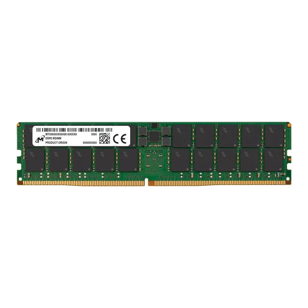 Micron DDR5 RDIMM Server Memory, 96GB Capacity, 6400 MHz Memory Speed, CL52 CAS Latency, 1.1 Voltage, ECC Module | MTC40F204WS1RC64BC1 - Image 1 Micron DDR5 RDIMM Server Memory, 96GB Capacity, 6400 MHz Memory Speed, CL52 CAS Latency, 1.1 Voltage, ECC Module | MTC40F204WS1RC64BC1 - Image 1