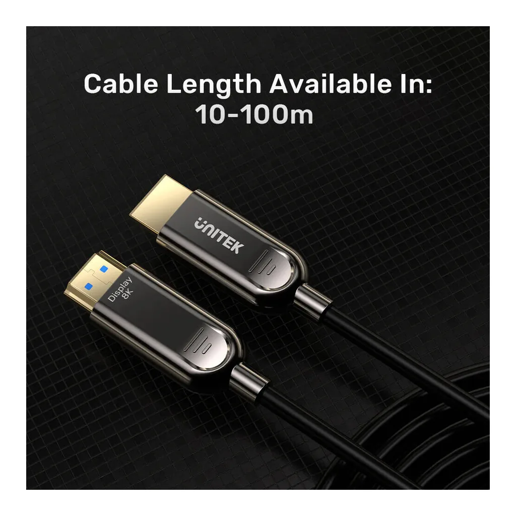 e0efcdf45f2bb3767c81c87adb40c666-hi.jpg Unitek Fiber Optic 8K HDMI Cable, 8K@60Hz Resolution, Up To 48Gbps Bandwidth, 24K Gold-Plated Plug, Dynamic HDR10, eARC, ALLM, 30AWG, Alloy Housing, 100M Cable Length, Black | C11085GY01-100M
