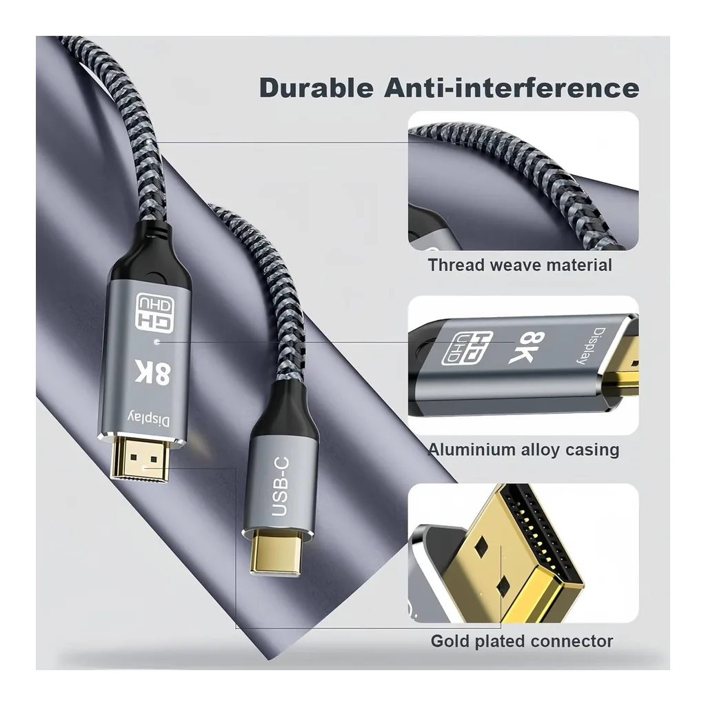 e102f6a1ea07ae7ffa5fa623386e2349-hi.jpg Nexus USB-C to HDMI 8K Cable Braided Jacket 48Gbps Copper conductor,Type C Adapter HDMI 2.1 2.0 and USB 3.1 tech,Supports Transmission, 3 Meter Cable Length
