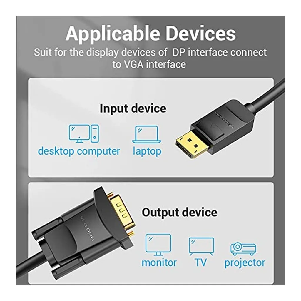e31e91fbc06a87d94f186d862391b839-hi.jpg Vention DP to VGA Cable, 1080P HD, Fastener and Ergonomic Design, Gold Platted Interface, 30AWG Core Diameter, 3 Meter, Black | HBLBI