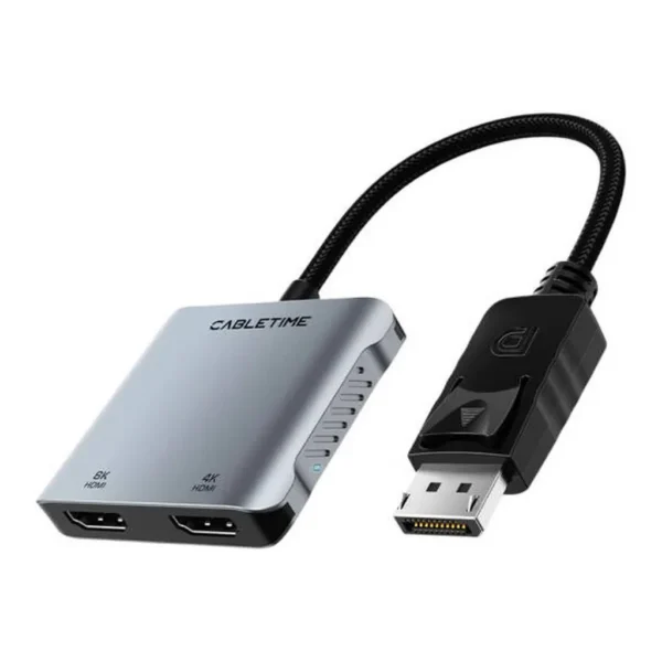 e3b3d45957d2774c82ff8af9ad57c764-md.jpg Cabletime CB74G 8K DisplayPort to Dual HDMI Adapter, Single Monitor 8K@30Hz 4k@120Hz Resolution, Dual Monitor 4K@60Hz, Alumiunm Shell with LED, Braided Jacket | CT-DM2H8K-AG