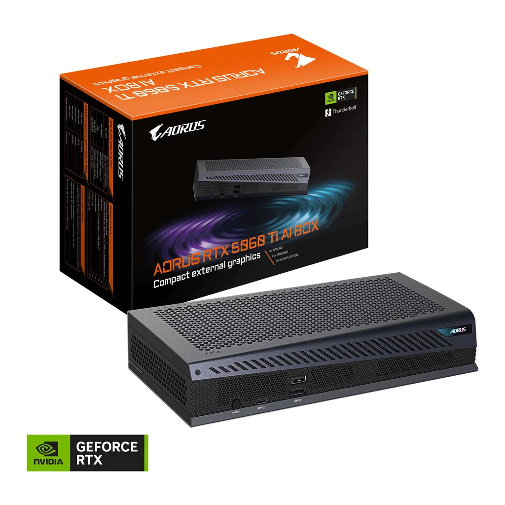 e7c91100b418692deffc1fed96b3f41c-hi.jpg GIGABYTE AORUS RTX 5060 Ti AI BOX, 16GB GDDR7 128-Bit Memory, 2572 MHz Clock Speed, 28GB Gbps Memory Speed, PCI-Express 5.0