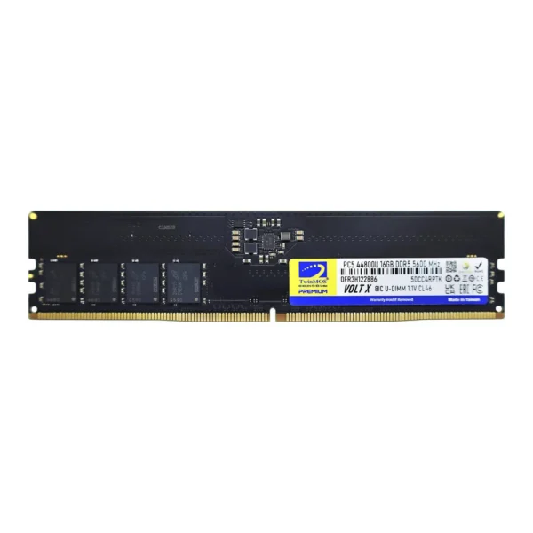 TwinMOS VOLTX DDR5 U-DIMM Desktop Memory Module, 16GB Capacity, 5600 MHz Memory Speed, 1.1 Voltage, 288 Memory Pin, XMP 3.0 & EXPO Profile, Black | TMD516GB5600U46WO - Image 1 TwinMOS VOLTX DDR5 U-DIMM Desktop Memory Module, 16GB Capacity, 5600 MHz Memory Speed, 1.1 Voltage, 288 Memory Pin, XMP 3.0 & EXPO Profile, Black | TMD516GB5600U46WO - Image 1
