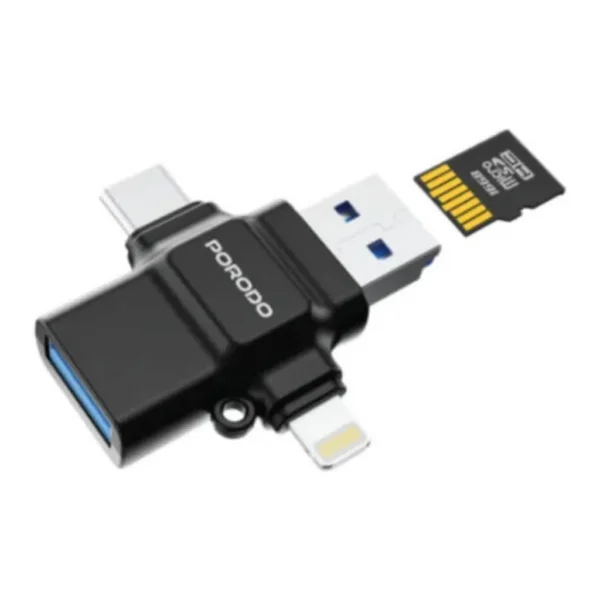 f9b31ba08b079e58410326f9590d0868-md.jpg Porodo 4 in 1 OTG Adapter TF Card Reader, USB 3.0 USB 2.0 Lightning Type C Support Up to 1TB, 5Gbps Transfer Speed, Plug and Play | PDETK09BK