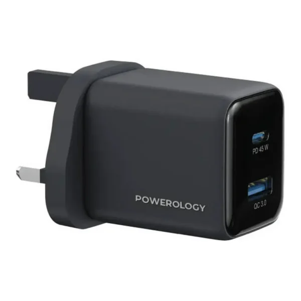 fc0b060d753da4ef61f9185f1e7a4bc4-md.jpg Powerology Volt X 45W Dual Port GaN Wall Charger, USB C and USB A Fast Charging Adapter, 45W PD Output, Compact Size, QC 3.0 Support, Advanced Safety Protection, UK Plug, Black | PWP4845ABK