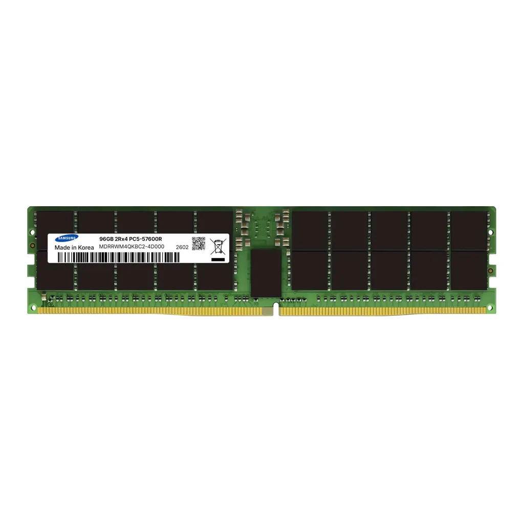 SAMSUNG 96GB DDR5 Server Memory, 7200MHz Memory Speed, CL58 CAS Latency, ECC Registered, 1.1 Voltage, 288-Pin | MDRRWM4QKBC2 - Image 1 SAMSUNG 96GB DDR5 Server Memory, 7200MHz Memory Speed, CL58 CAS Latency, ECC Registered, 1.1 Voltage, 288-Pin | MDRRWM4QKBC2 - Image 1