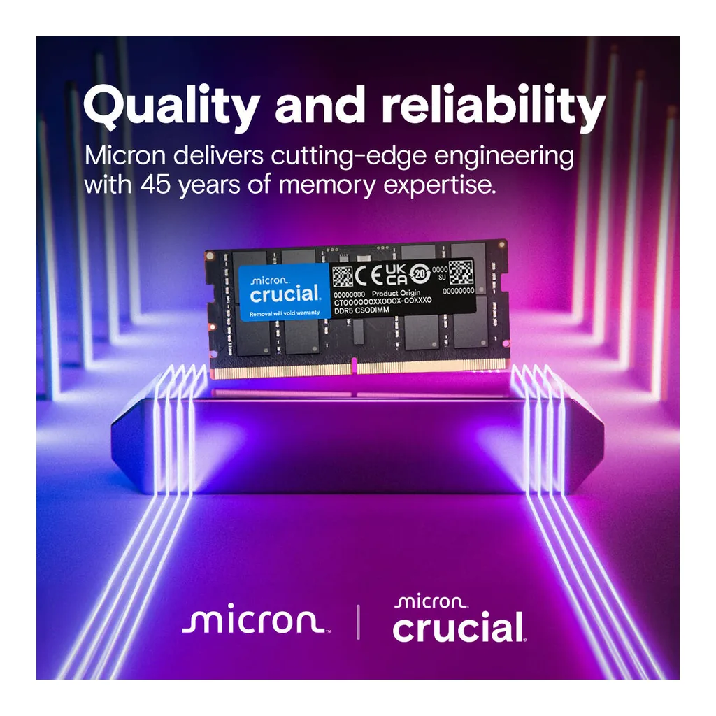 Crucial DDR5 CSODIMM Laptop Memory, 64GB (2x 32 GB) Capacity, 6400 MHz Memory Speed, CL52 CAS Latency, 262-Pin SO-DIMM, Unbuffered DIMM Type, Black | CT2K32G64C52CS5 - Image 7 Crucial DDR5 CSODIMM Laptop Memory, 64GB (2x 32 GB) Capacity, 6400 MHz Memory Speed, CL52 CAS Latency, 262-Pin SO-DIMM, Unbuffered DIMM Type, Black | CT2K32G64C52CS5 - Image 7
