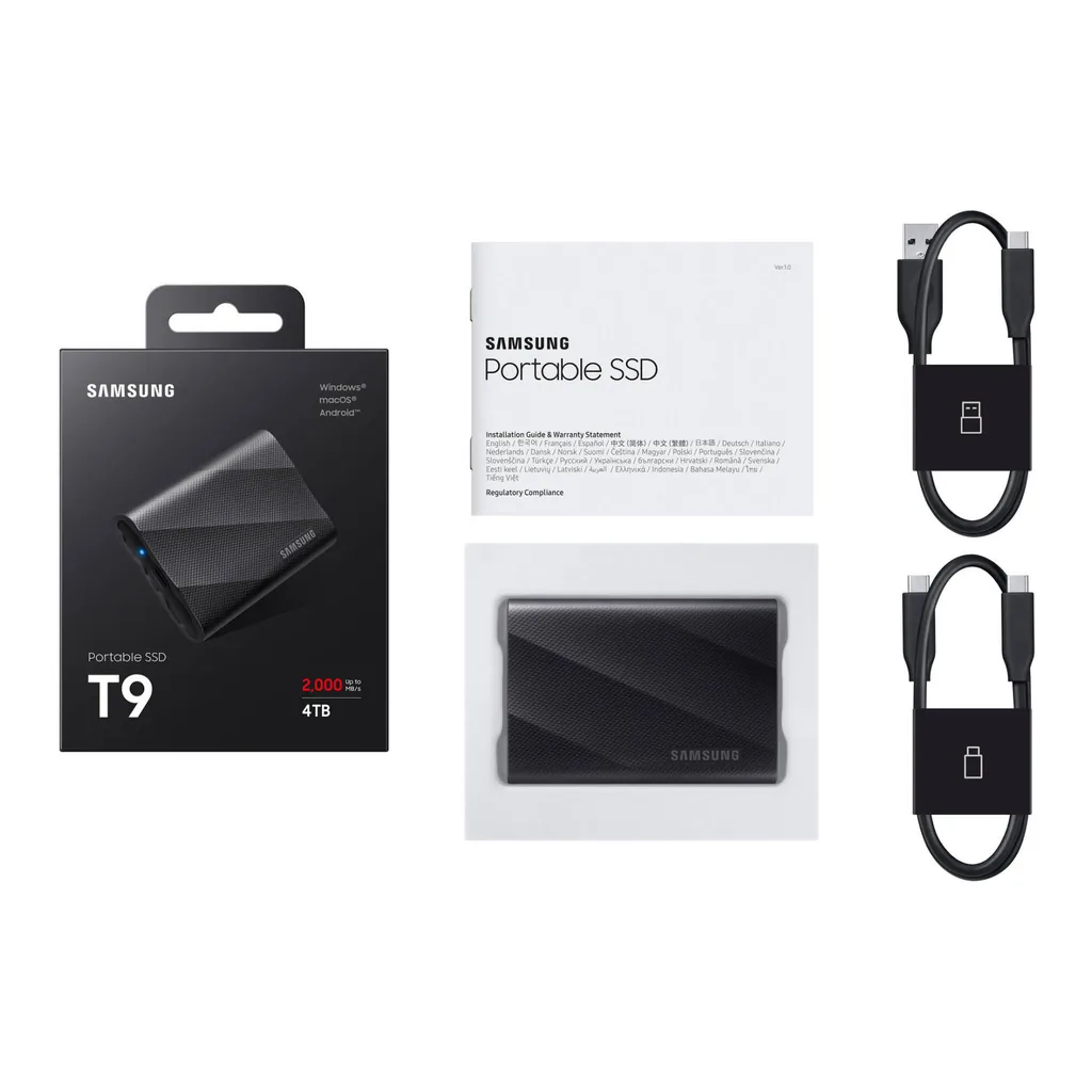 fe8dc238f906c99ab7a4e4f9e1ed9570-hi.jpg Samsung 4TB T9 USB-C 3.2 Gen 2x2 Portable SSD, Up to 2000 MB/s Sequential Read Speed & 2000 MB/s Seq Write Speed, PCIe NVMe Technology, 256-Bit AES, Universal Compatibility, Black | MU-PG4T0B/WW