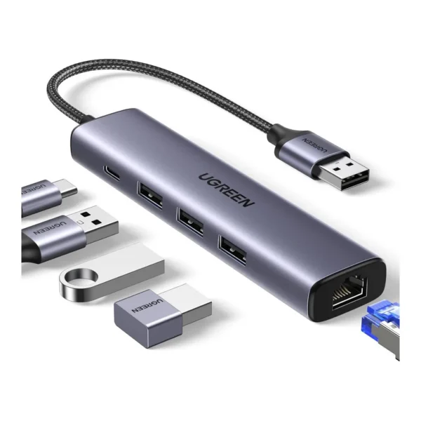 fec68df1676ae66cdc37ea73696aee75-hi.jpg UGREEN CM475 USB To Ethernet Adapter, 5 In 1 USB Hub With Ethernet, Plug And Play, Multiport Network Adapter With 3xUSB 3.0 Type-A Up To 5Gbps, Gigabit RJ45, USB-C Power Port, Black | 60554