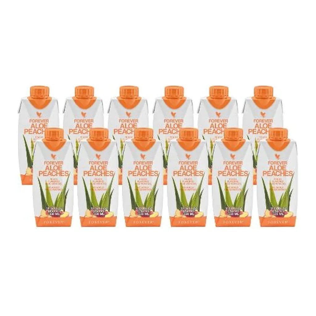 Forever Aloe Peaches® Minis — 12 × 330 mL pack Forever Aloe Peaches® Minis — pack of 12 cartons, 330 mL each, on a white background