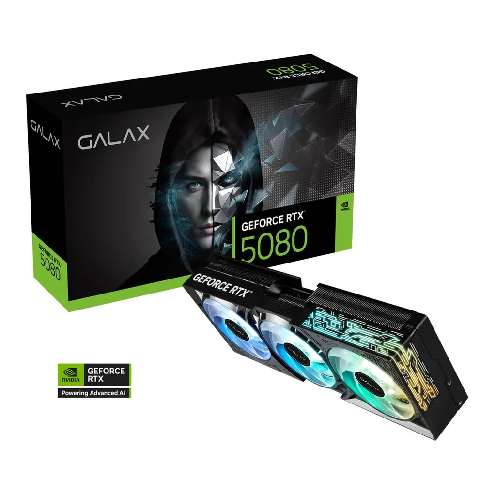 GALAX GeForce RTX 5080 1-Click OC Graphics Card, 16GB GDDR7 256-Bit Memory, 2625 MHz Boost Clock, 30Gbps Memory Speed, 10752 CUDA Cores, PCI Express 5.0 | 58NZN6MDBBOC – Main image GALAX GeForce RTX 5080 1-Click OC Graphics Card, 16GB GDDR7 256-Bit Memory, 2625 MHz Boost Clock, 30Gbps Memory Speed, 10752 CUDA Cores, PCI Express 5.0 | 58NZN6MDBBOC – Main image
